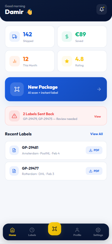 Goedkooppakket app — home dashboard
